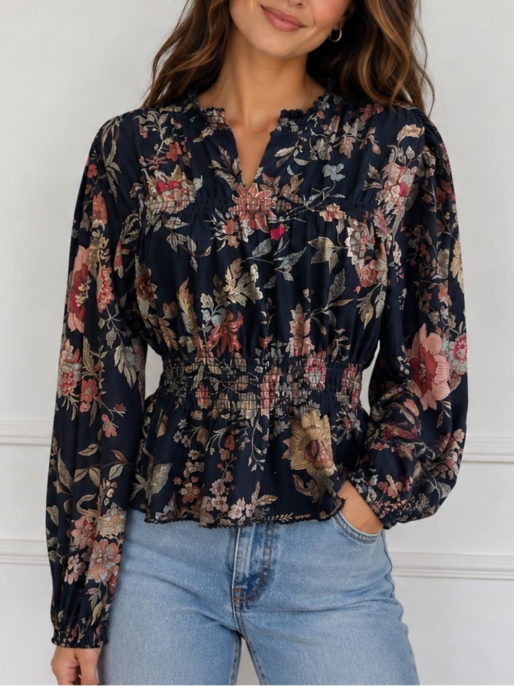 Anthropologie Current Air Smocked Floral Peplum Style Top Blouse Size Medium